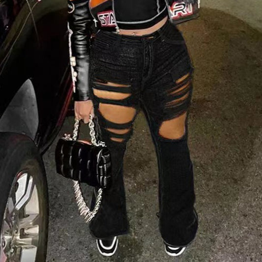Ripped Horn Denim Mopping High Elastic Bukser