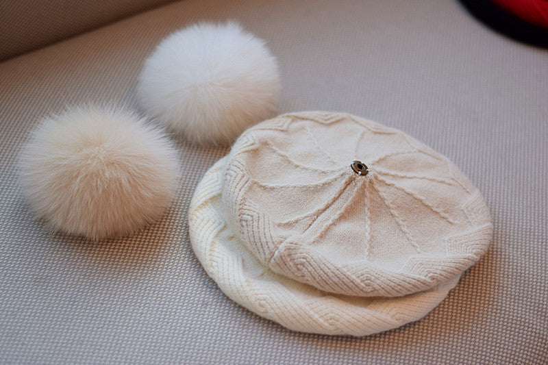 Female Autumn And Winter Knitting Fox Fur Ball Hat