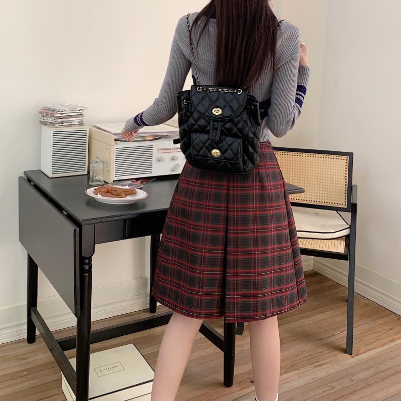 Red Plaid Skirt High Waist A- Line Lengthened Pleated Skirt