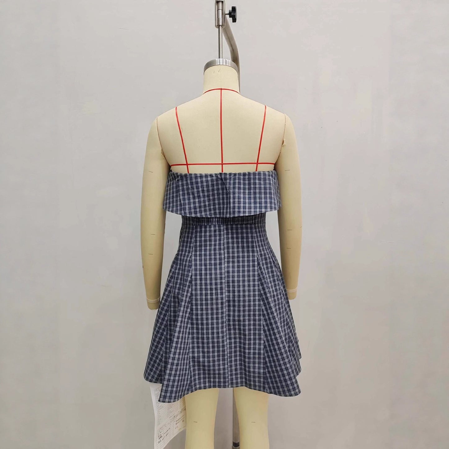 Retro, High-end Blue Plaid Tube Dress