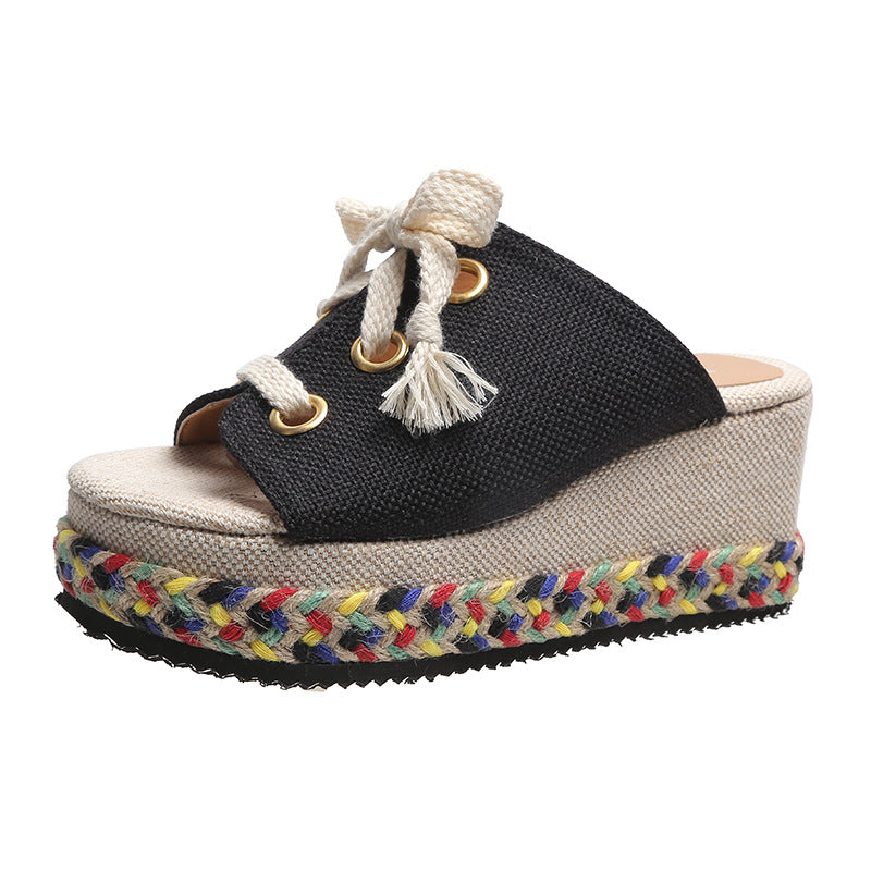 Women's Straw Woven Wedge Color-block Lace-up Slippers