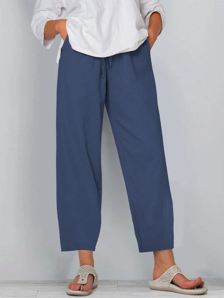 Elastic Waist Solid Color Cotton And Linen Wide Leg Casual Trousers