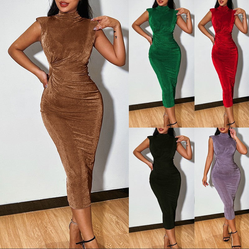 Womens Slim-Fit Half-Neck Pleated Sleeveless Dress