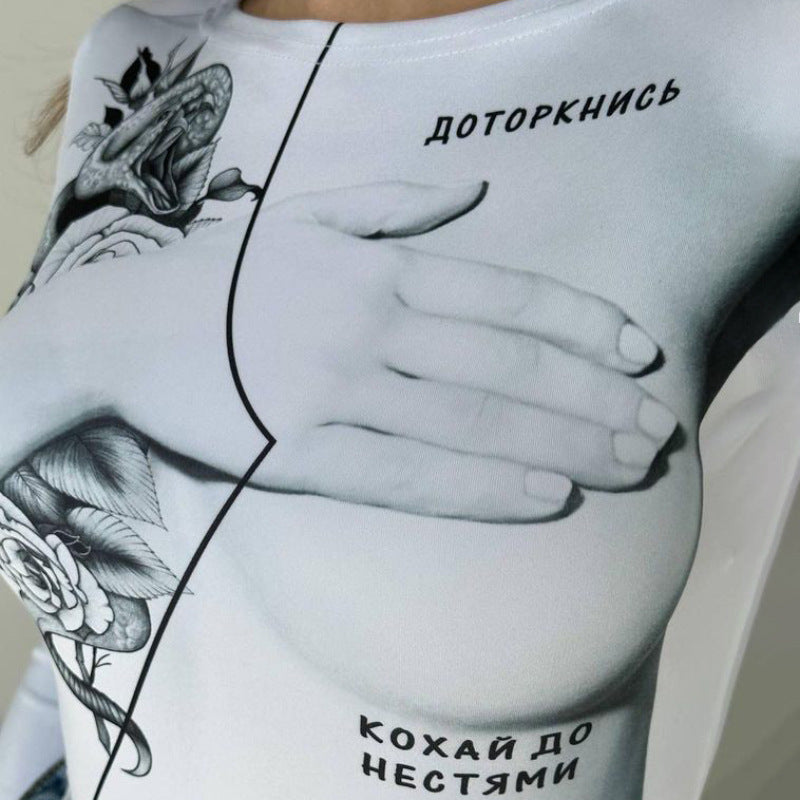 Round Neck Long Sleeve Fashion Print Slim Versatile Sexy Bodysuit