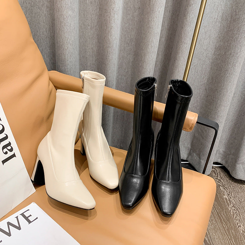 Women's But Knee Square Toe High-heeled High-tube Mid-tube Thick-heeled Short-tube Elastic Boots