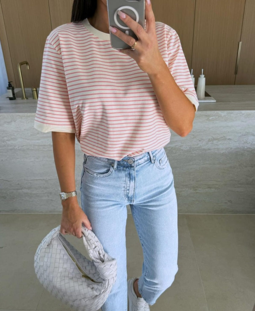Summer Casual Striped Round Neck Loose Color Matching Short Sleeve