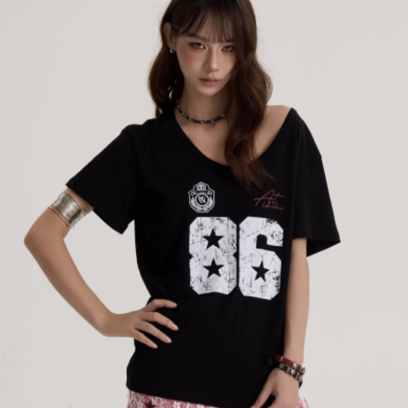 American Hot Girl Printed V-neck Shoulder Short Sleeve