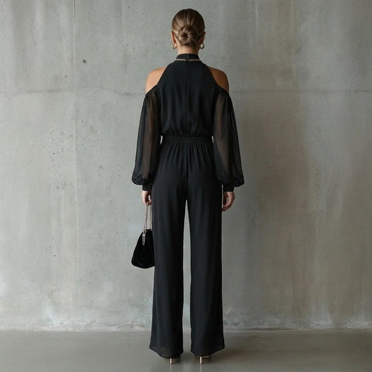Black Embroidered Womens Long-Sleeve Wide-Leg Jumpsuit