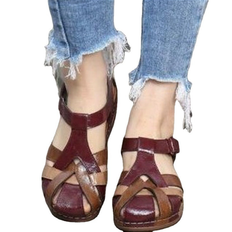 Wedge Heel Ladies Color Matching Car Stitching Retro Hollow Hole Shoes Large Size Shoes