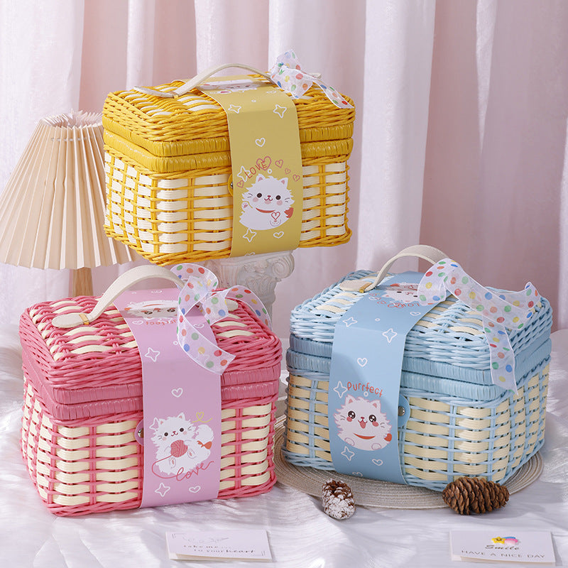 New Colorful Cute Flip-Top Rectangular Straw And Leather Woven Basket