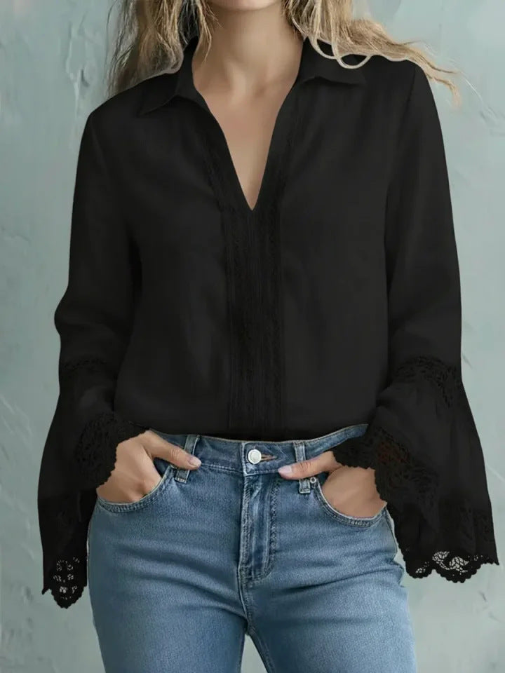 Elegant Bomuldsbluse Med Blondekant Og Pullover-Design