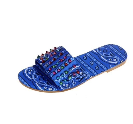 European And American New Style Printed Toe Flat Rivet Casual Sandals And Slippers