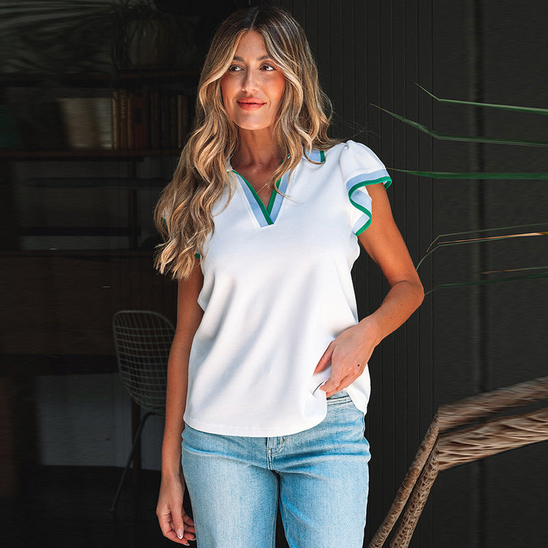 Color Stitching Turnover Neck Pullover
