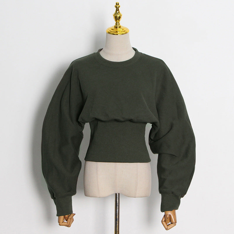Mørkegrøn Rundhalset Sweater med Talje og Kort Længde til Pendlerbrug