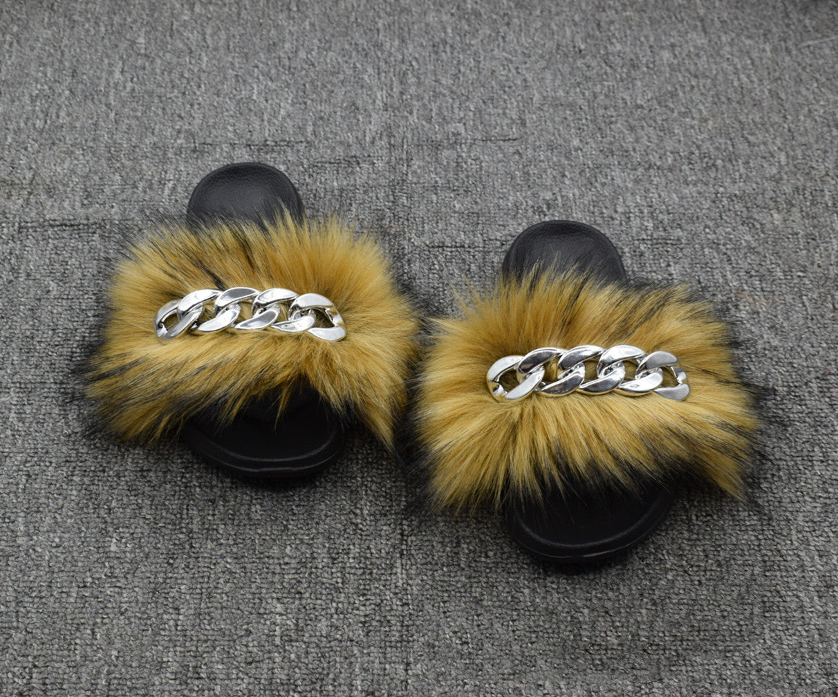 Fur Fur Slippers Chain Faux Fur Flip Flops