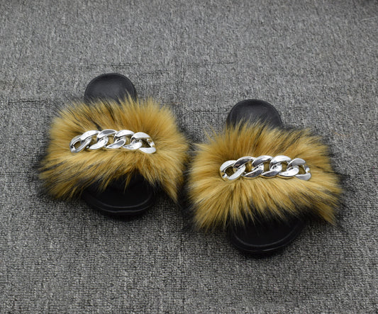 Fur Fur Slippers Chain Faux Fur Flip Flops