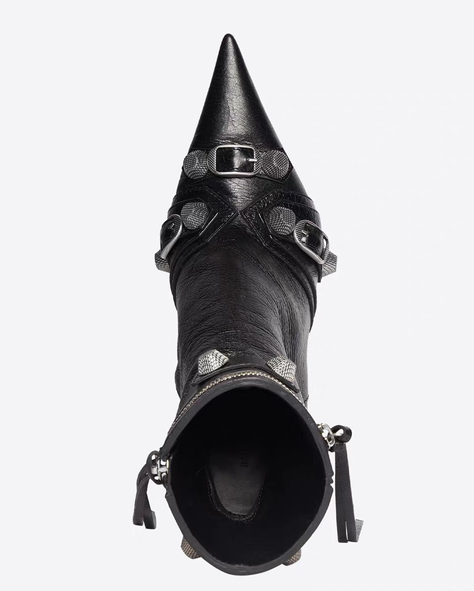 Pointed Toe Side Zipper Metal Stud Biker Booties