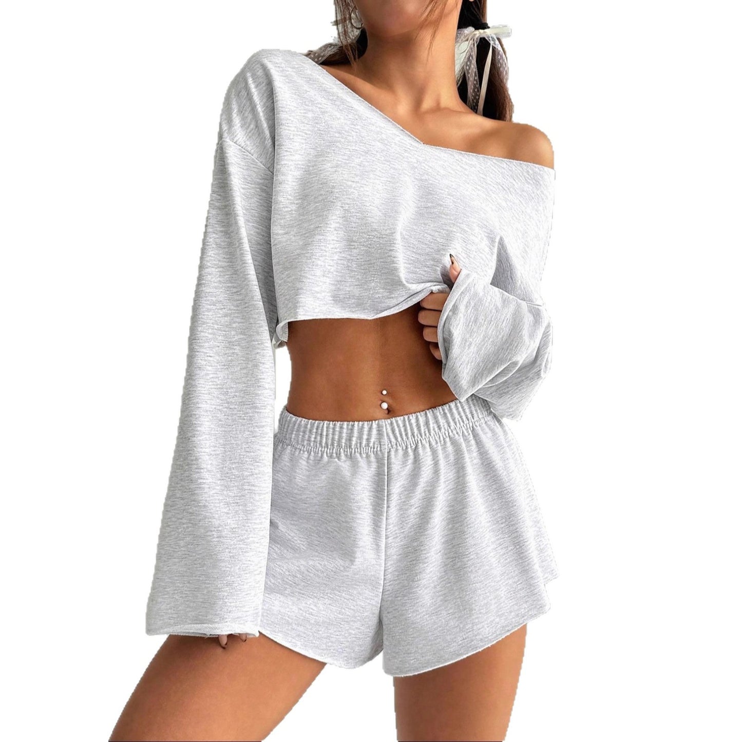 European And American Women's Long-sleeve Blouse Shorts Suit