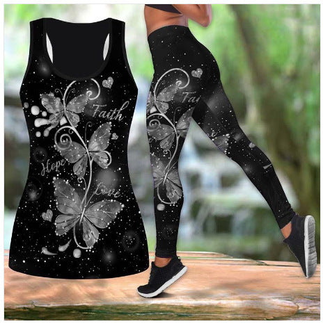 Digital Printing Hollow Sexy Vest Girl Fashion Yoga Vest Suit