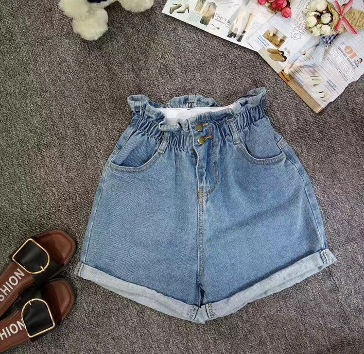 Calyx elastic waist denim shorts female summer high waist was thin student wide leg hot pants