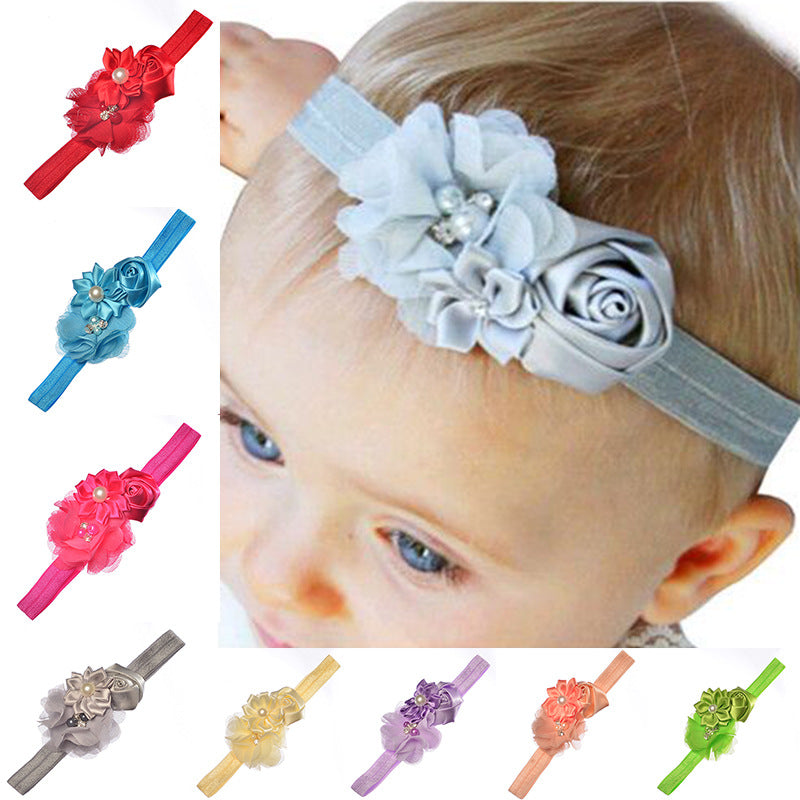 Pearl Chiffon Frayed Multi-angle Flower Combo Hair Band European And American Baby Elastic Headband