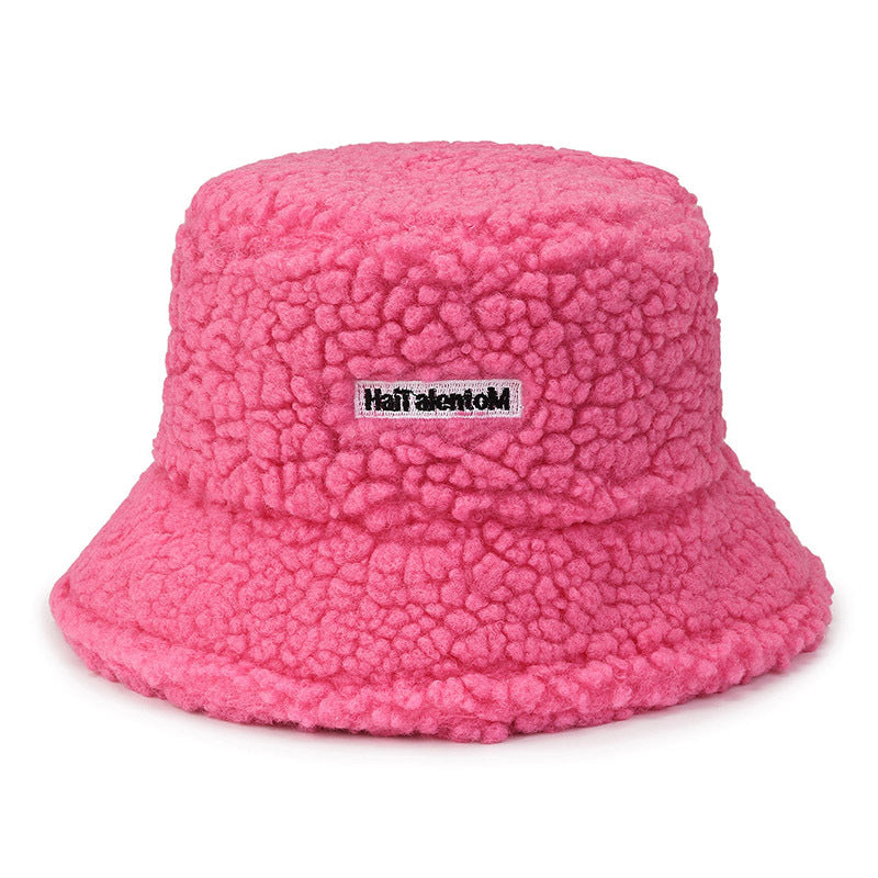 Internet Celebrity Same Style Lamb Wool Bucket Hat Female Korean Style Letter Embroidery Simple All-match