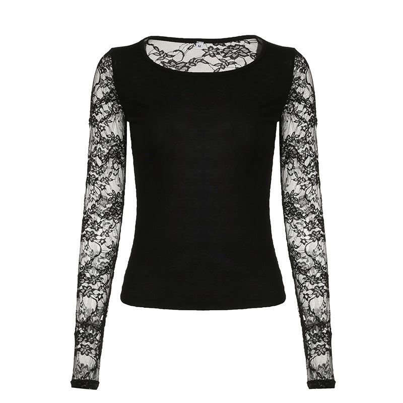 European And American Style Lace Stitching Sexy See-through Backless Short Top Round Neck Slim Fit Versatile Slimming
