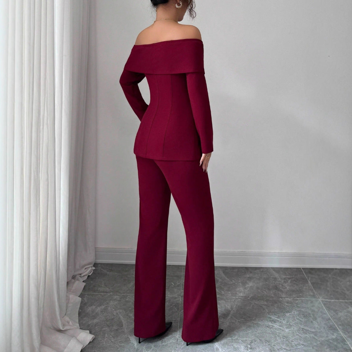 Burgundy Suit Dress For Women French-style Off-shoulder Design With An Elegant High-end Vibe