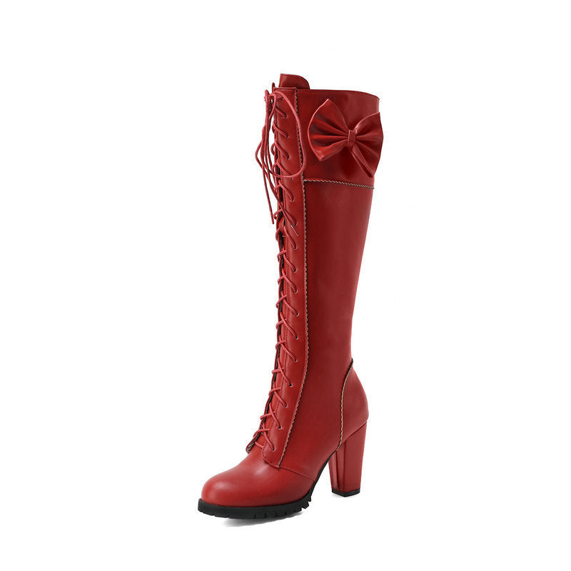 Lolita Bow Lace-up High Leg Boot Single Boots Knight Boots High Heel