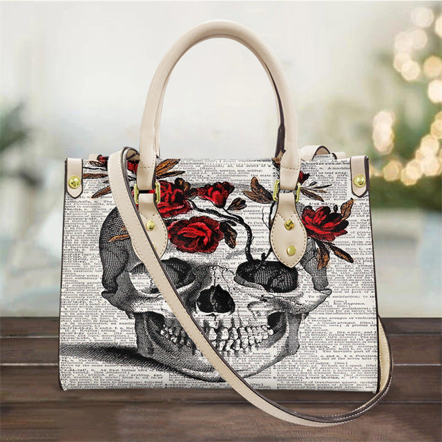 Women's Pu Handbag Skull Black And White Fashion Vintage Crossbody Hand-carrying Bag