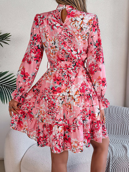 Women's Elegant Stand Collar Floral Print Tie Waist Long Sleeve Ruffle A-Line Skirt