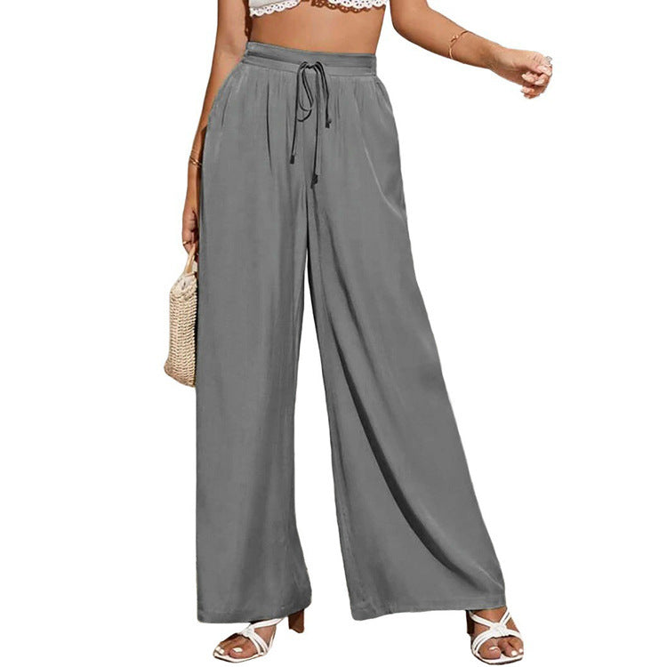 European And American Summer Pure Color Elastic Waist Lace-up Loose Wide-leg Pants