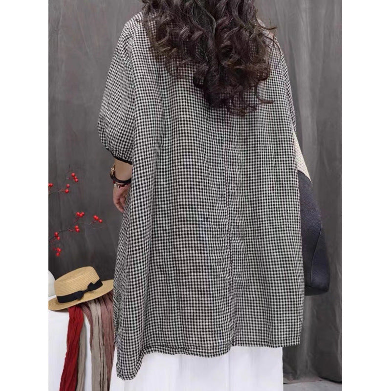 New Vintage-style Loose-fitting Oversized Artistic Top Plaid Casual Versatile Mid-sleeve Shirt