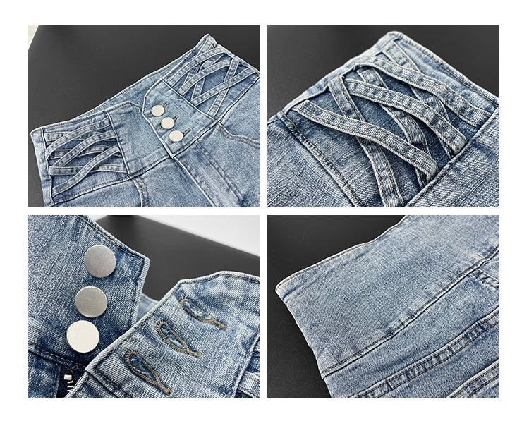 Small Man Waist Cross Woven Super High Waist Tummy Denim Shorts Women