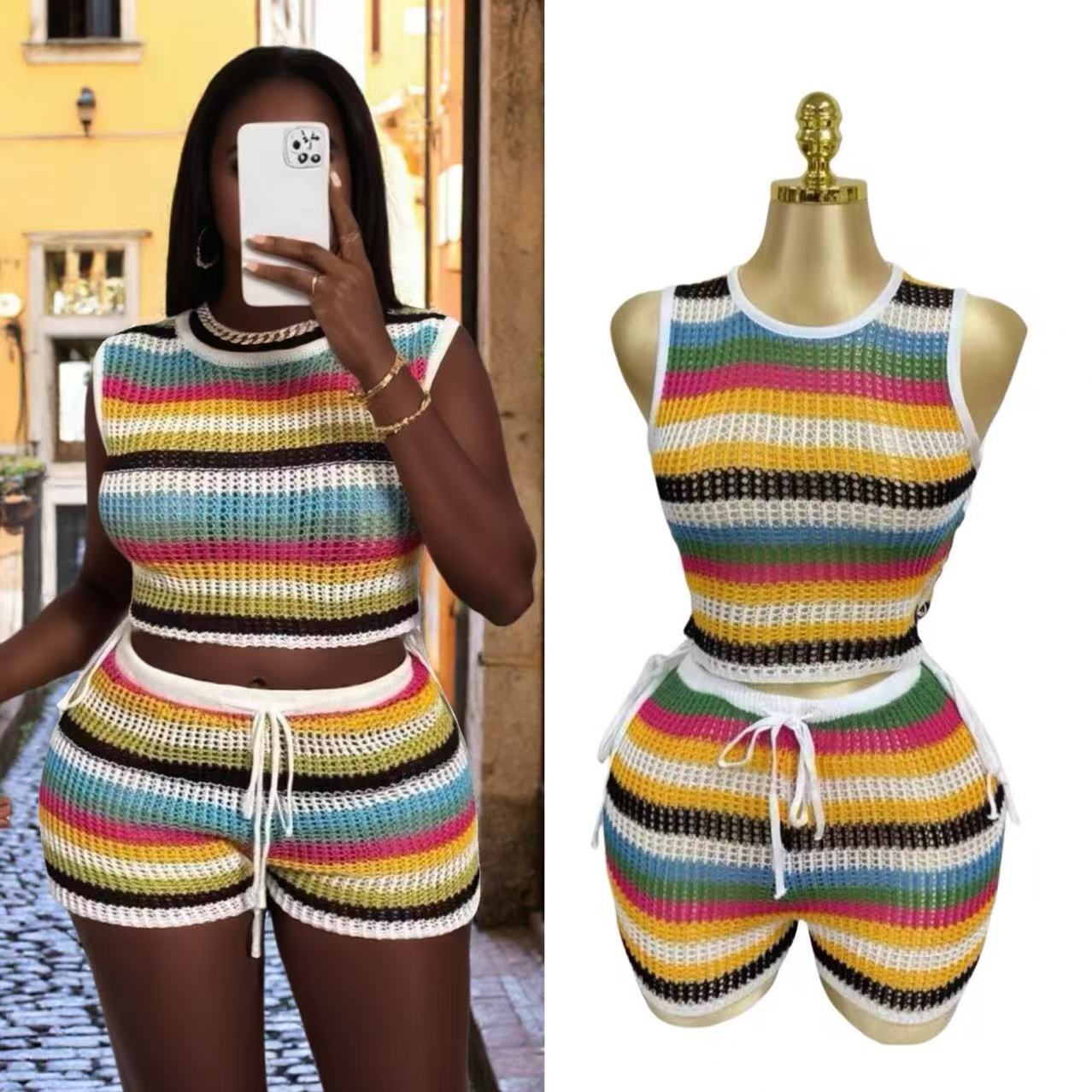 Bold Contrasting Striped Hollow-Out Drawstring Vest