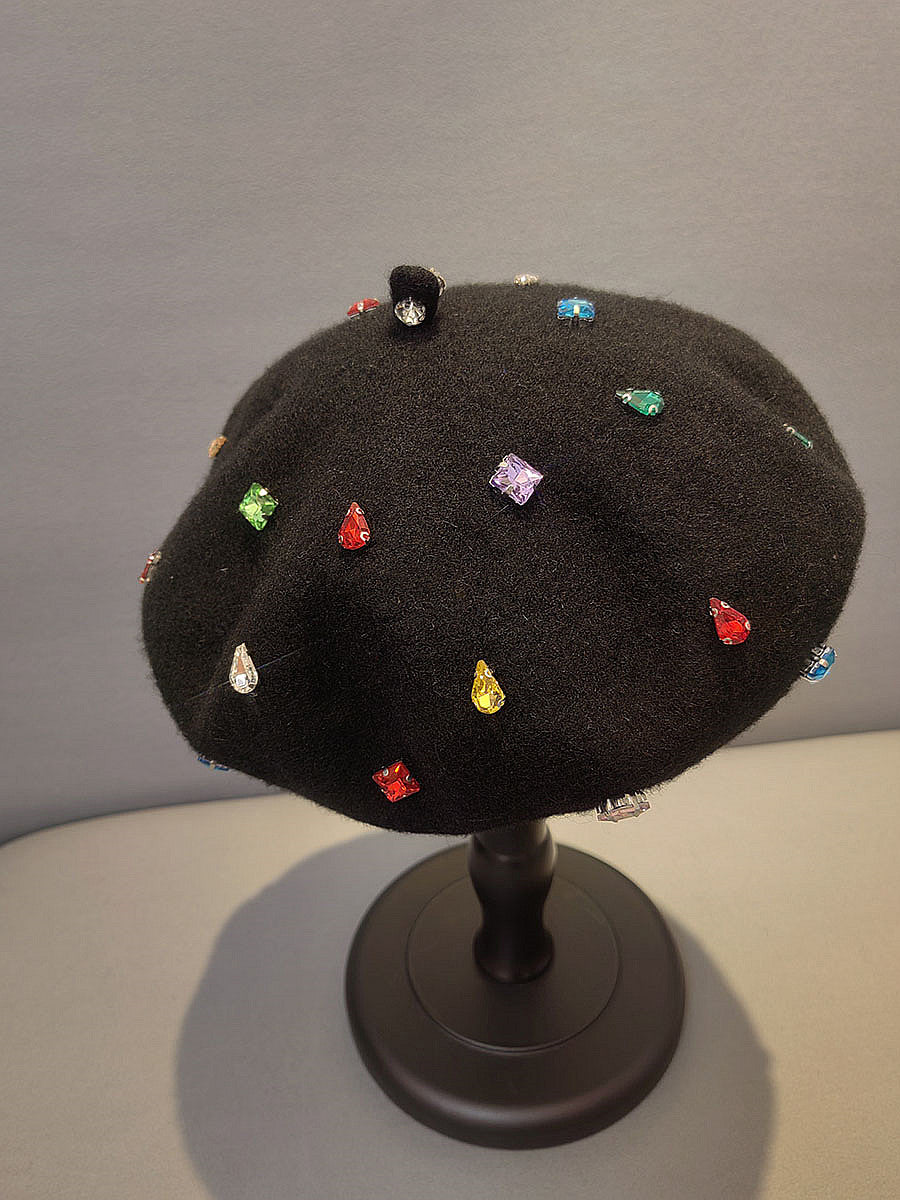 Diamond Beret Versatile Black Painter Hat Casual Warm Hat