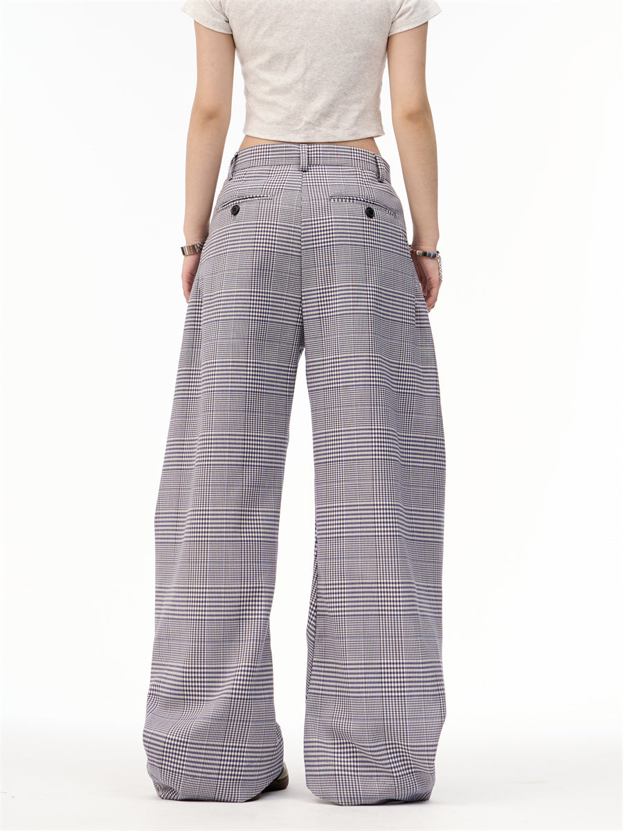 Women's American Retro Plaid Patchwork Wide Leg Pants