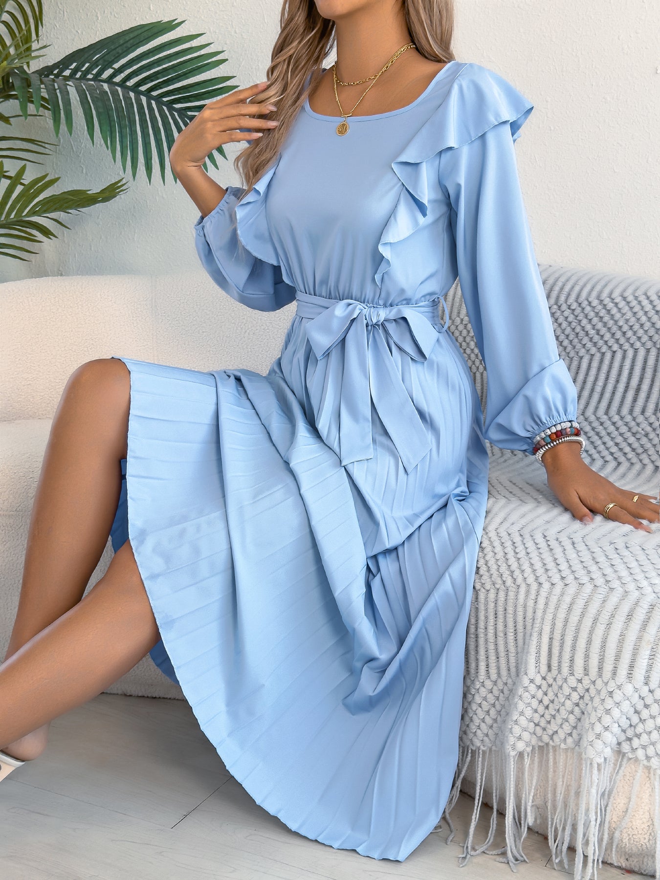 Women's Elegant Ruffle Trim Square Neck Long Sleeve Tie Waist Pleated Dress