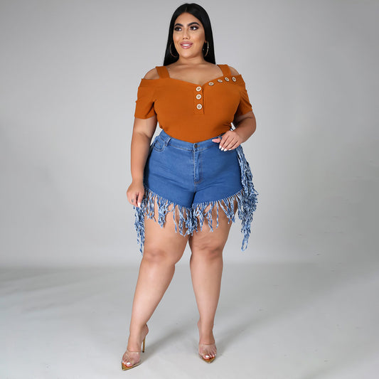Ripped Fringed Brushed Denim Shorts Plus Size Women'S Casual Straight-Leg Pants