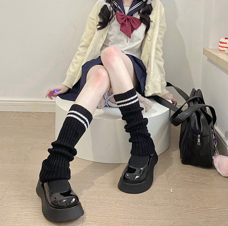 Womens Knitted Striped Black Over-the-Knee Socks