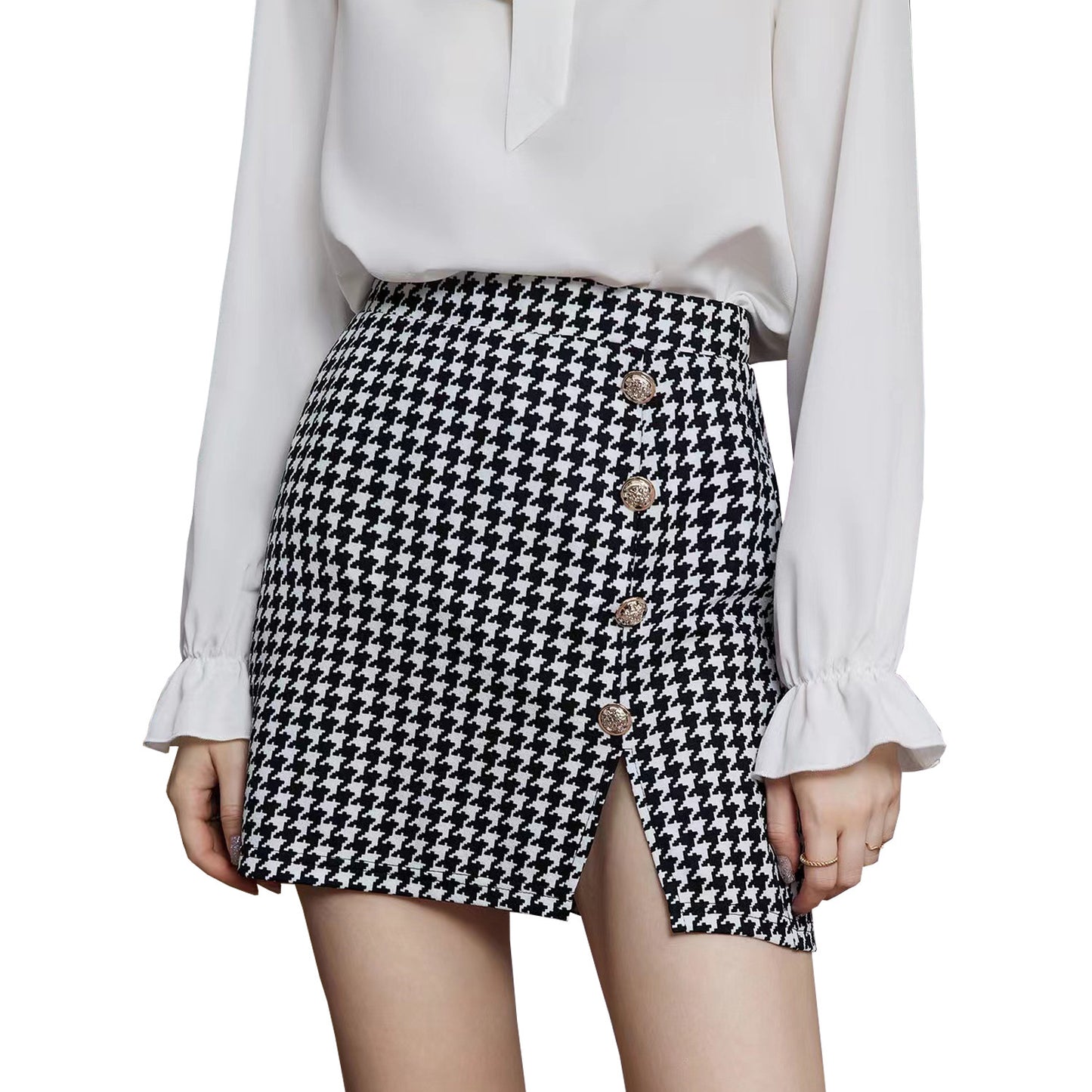 Houndstooth-buttoned Mid-length Body-hugging High-waisted Skirte Legant
