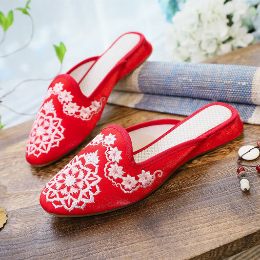 Satin Embroidered Low Heel Hanfu Shoes Cheongsam Slippers