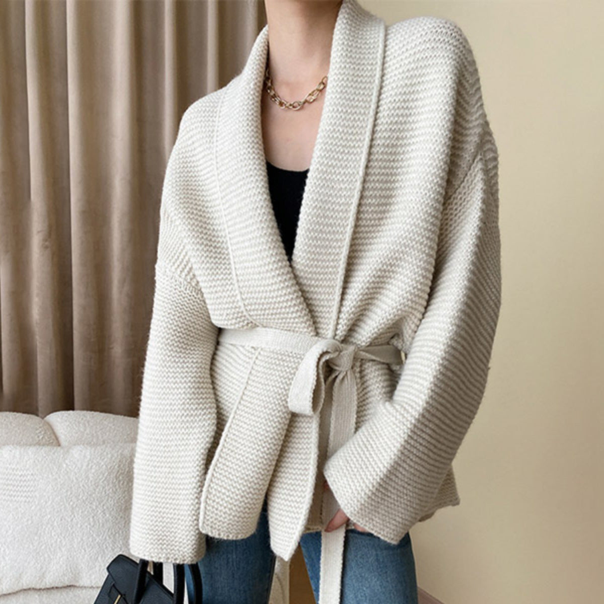 Womens Lace-Up Defined-Waist Relaxed-Fit Sweater Coat