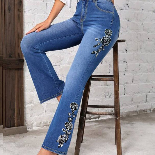 Dame Moderigtige Jeans med Blomsterbroderi og Svaj