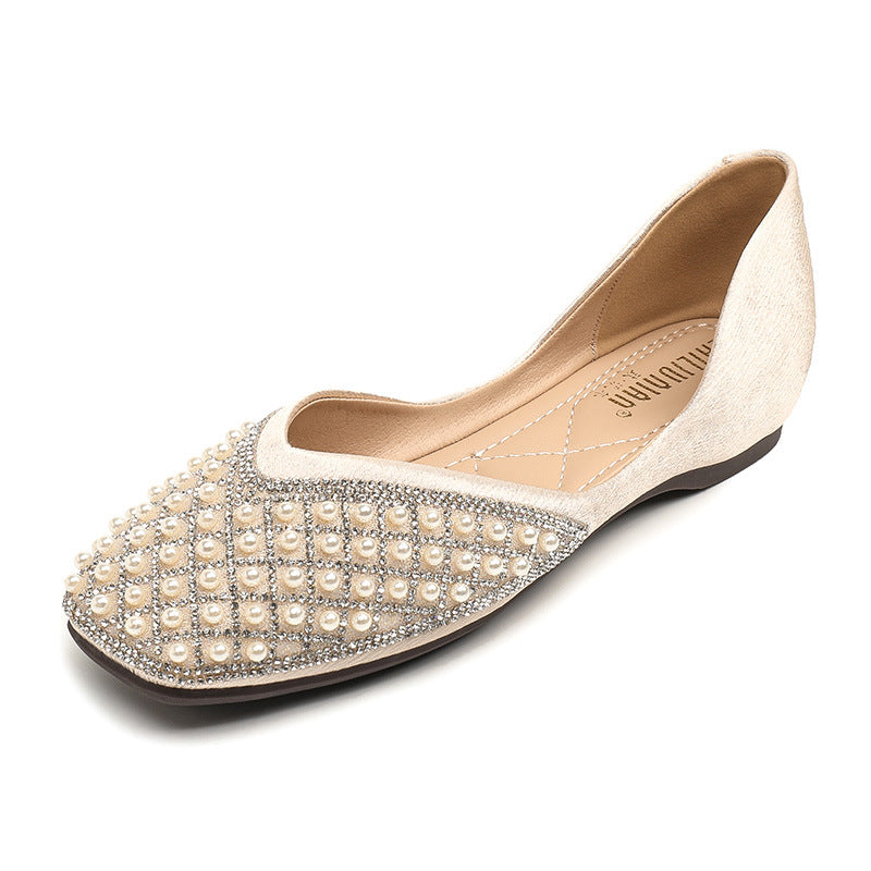 Pearl Water Diamond Square Head Shallow Mouth Single Shoes For Women