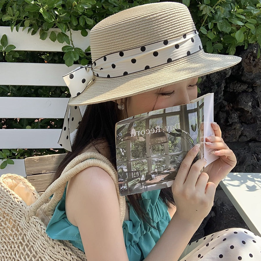 French Sweet Polka Dot Tie Ribbon Sun Hat