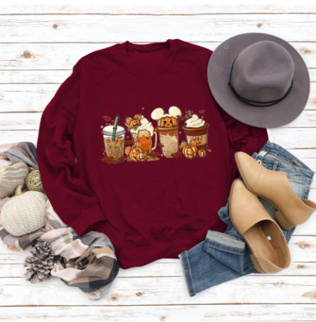Christmas Latte European American Fashion Floral Print Round Neck Sweater