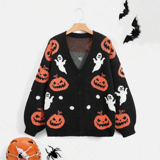 Halloween V-neck Loose Pumpkin Jacquard Cardigan
