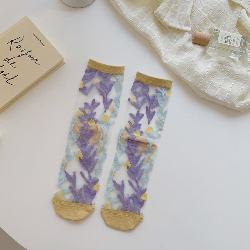 Spring And Summer Ultra-thin Breathable Retro Large Flower Spun Glass Mid-calf Socks Crystal Long Socks