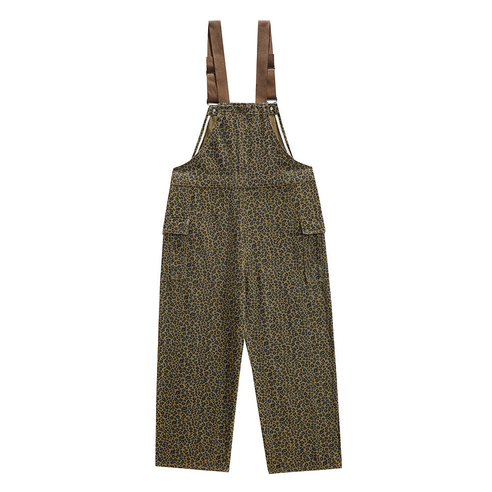 Leopard Print Denim Suspender Pants Men's High Street Loose